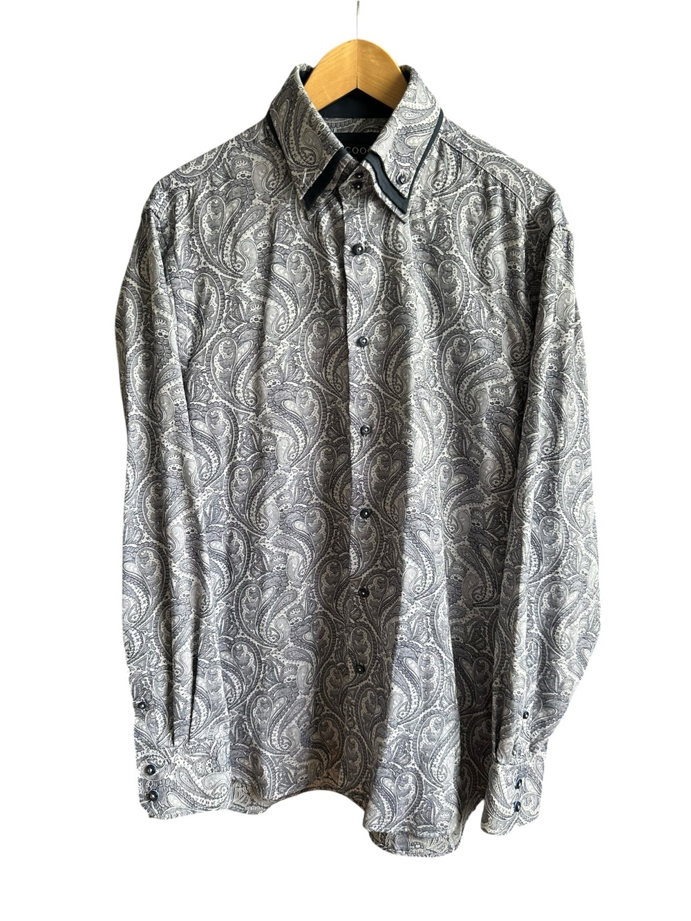 COOGI Luxe Men’s L Black Gray Paisley Jacquard Dress Shirt Metal Plate 16/16.5